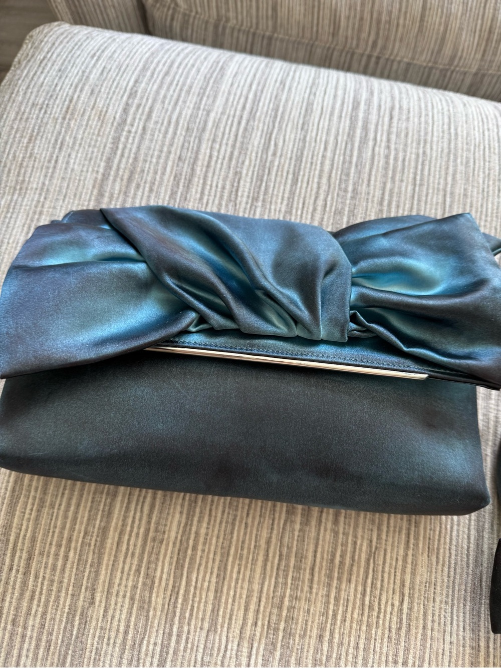 Badgley Mischka Iridescent Teal Satin Knot Clutch